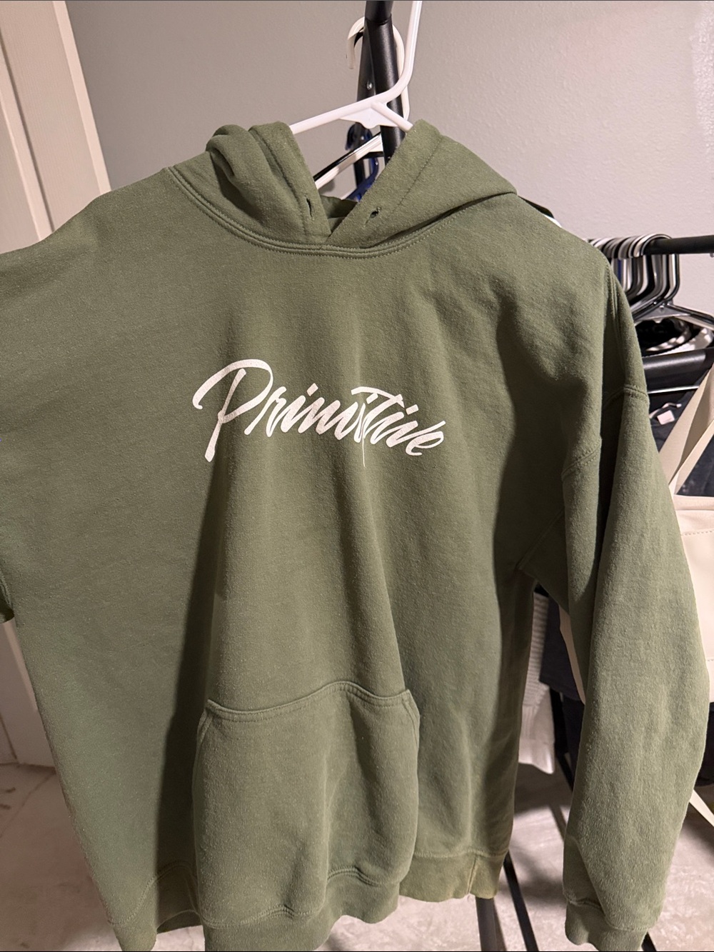Primitive Olive Green Crewneck Sweatshirt with White Script Logo